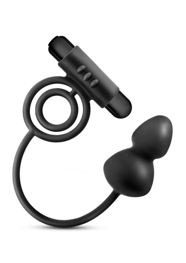 Anal Adventures Platinum Silicone Anal Plug with Vibrating Cock Ring - Black - Image 2
