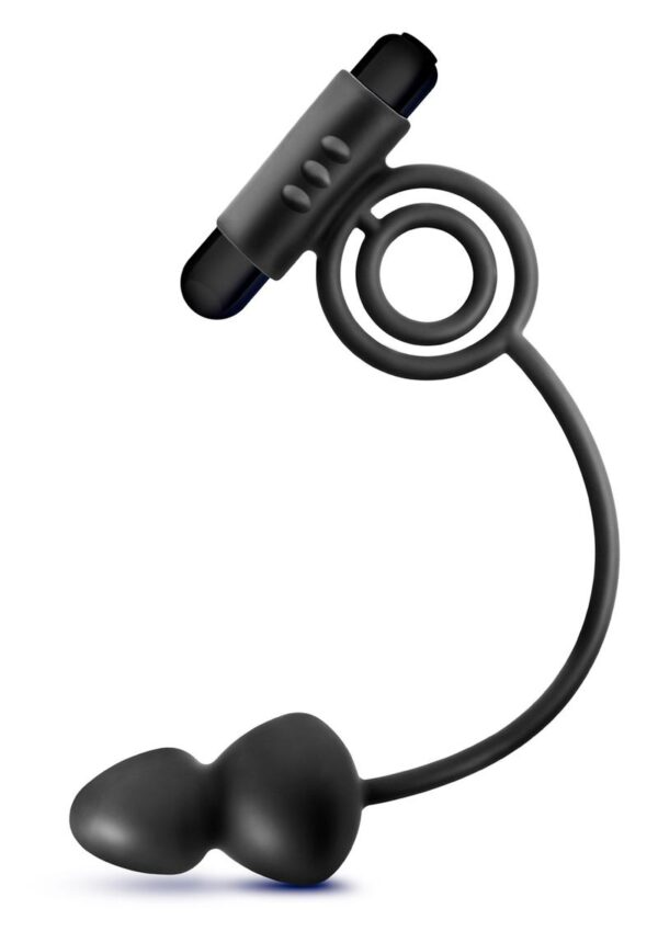 Anal Adventures Platinum Silicone Anal Plug with Vibrating Cock Ring - Black - Image 3