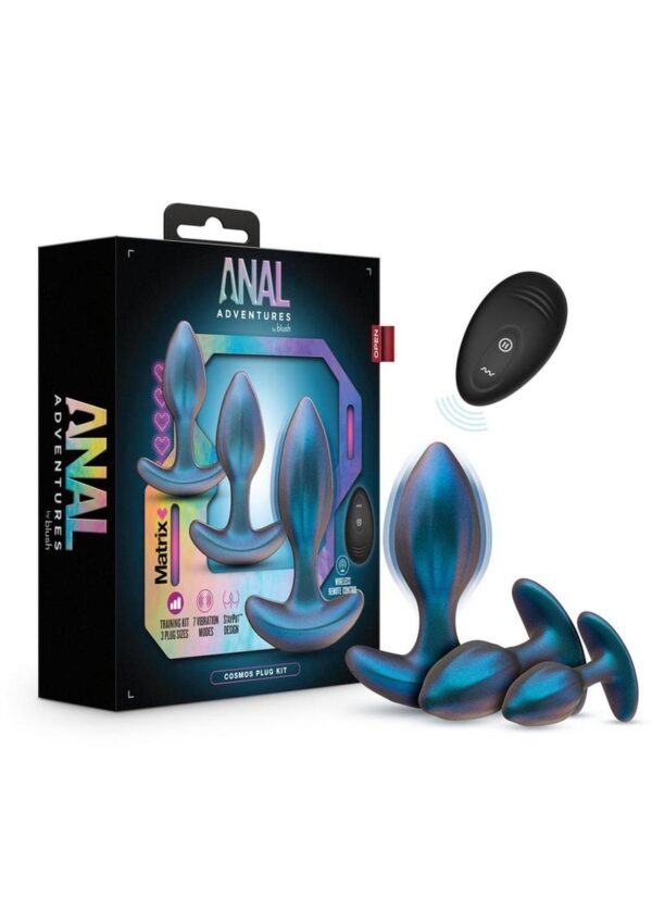 Anal Adventures Matrix Cosmos Plug Kit Silicone Anal Plug Set with Remote Control - Lunar Blue