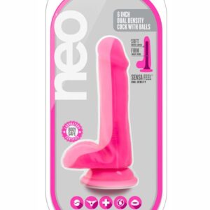 Neo Dual Density Dildo with Balls 6in - Neon Pink