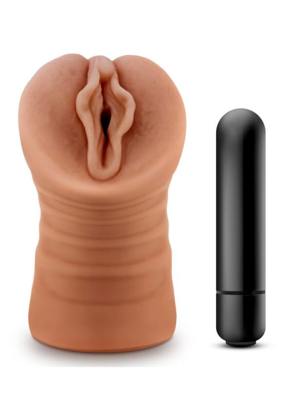 M for Men Sofia Vibrating Masturbator with Bullet - Pussy - Caramel - Image 2