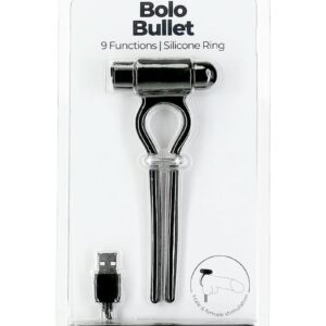 PowerBullet Bolo Bullet Silicone Rechargeable Cock Tie - Black/Silver