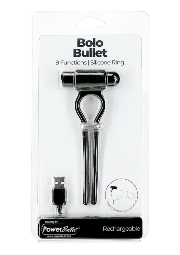 PowerBullet Bolo Bullet Silicone Rechargeable Cock Tie - Black/Silver