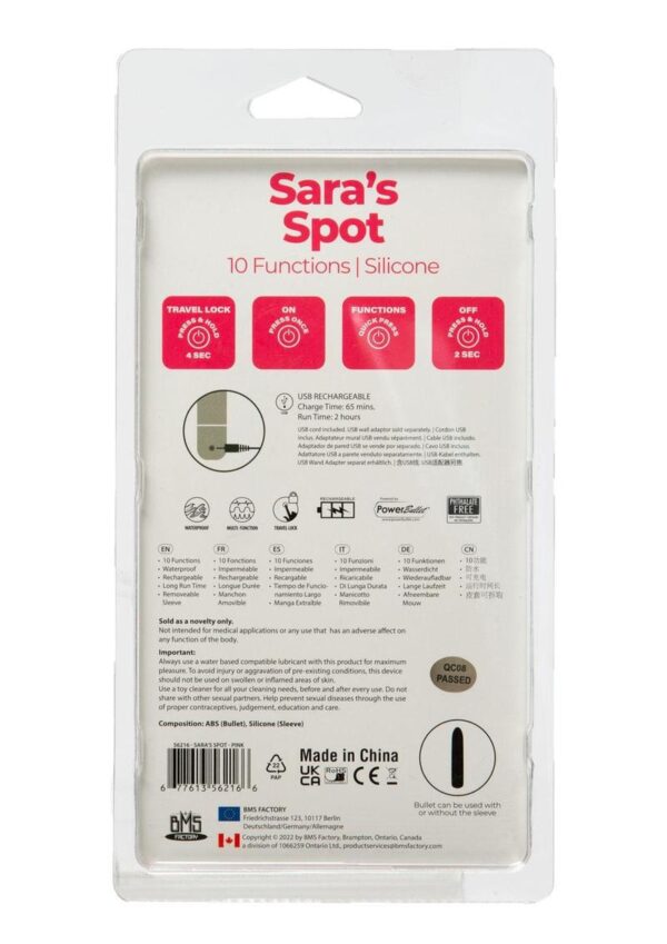 PowerBullet Sara`s Spot 10 Function Rechargeable Silicone Vibrating Bullet - Pink - Image 4