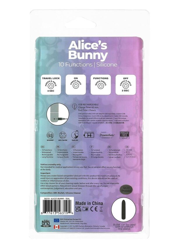PowerBullet Alice`s Bunny Silicone Rechargeable Rabbit Vibrator- Teal - Image 4