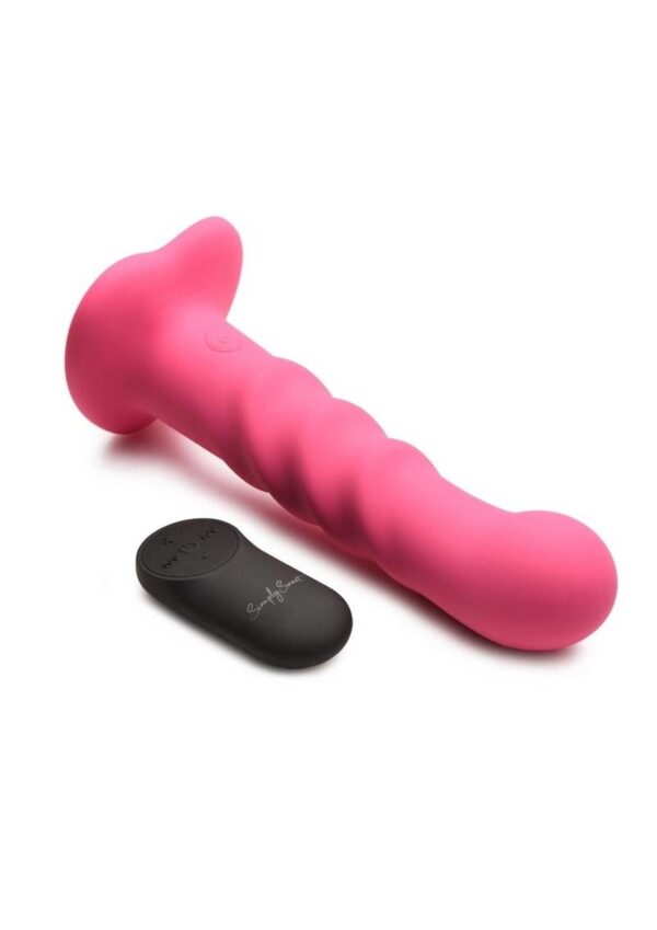 Simply Sweet 21X Vibrating Ribbed Rechargeable Silicone Dildo with Remote Control - Pink - Image 3