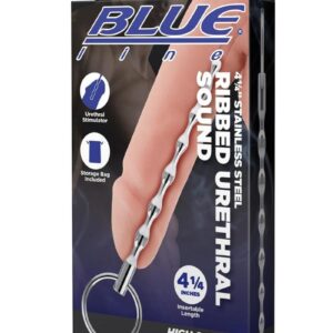 Blue Line Ribbed Urethral Sound 4.25in - Stainless Steel