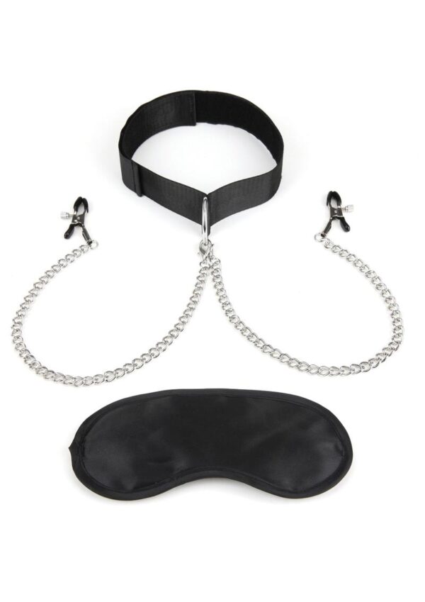 Lux Fetish Collar and Nipple Clamps with Adjustable Clamps - Black - Image 2
