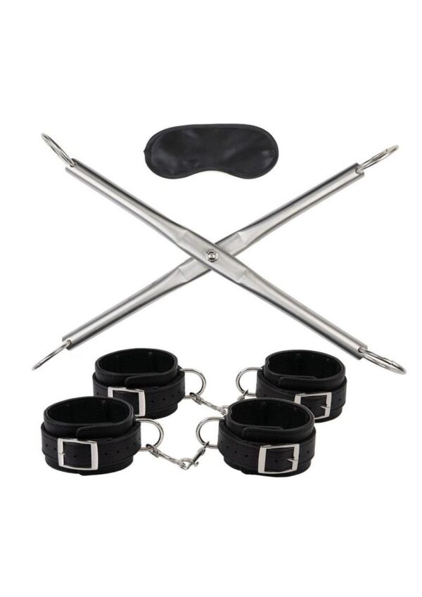 Lux Fetish Hog-Tie Spreader Bar with Detachable Wrist and Ankle Cuffs - Silver/Black - Image 2