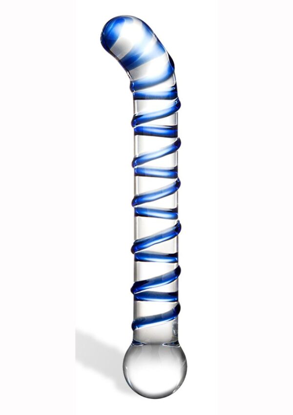 Glas Mr. Swirly G-Spot Glass Textured Dildo 6.5in - Clear/Blue - Image 2