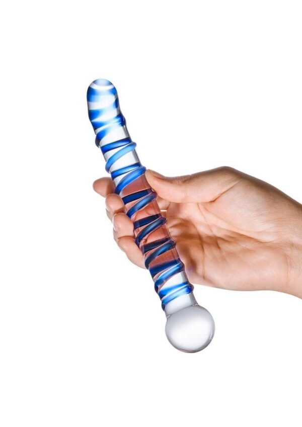 Glas Mr. Swirly G-Spot Glass Textured Dildo 6.5in - Clear/Blue - Image 4