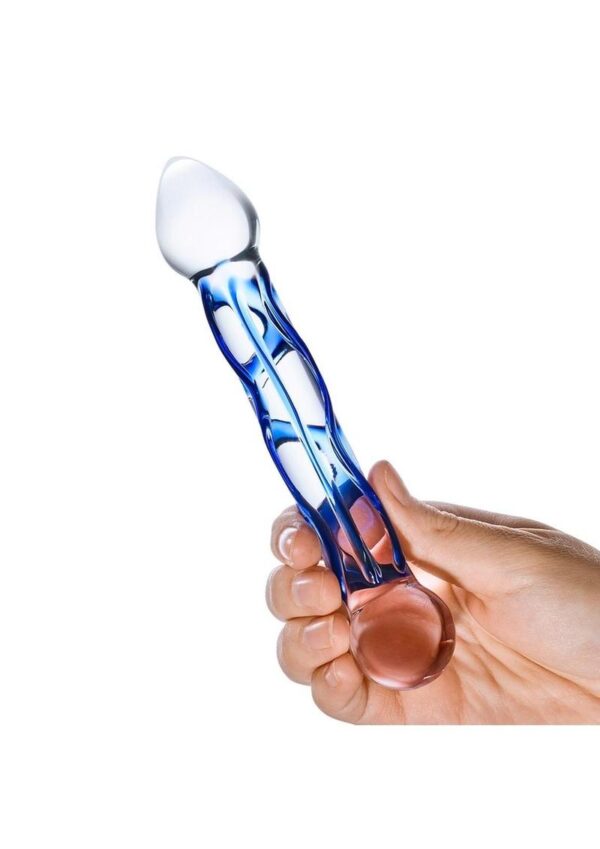 Glas Full Tip Glass Textured Dildo 6.5in - Clear/Blue - Image 4