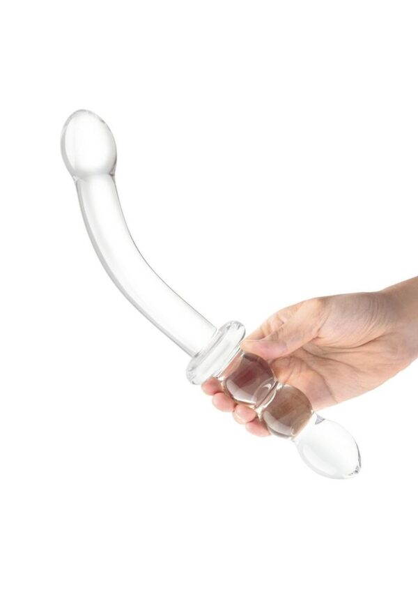Glas Girthy Ribbed G-Spot Glass Dildo with Handle Grip Double End 12in - Clear - Image 4