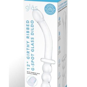 Glas Girthy Ribbed G-Spot Glass Dildo with Handle Grip Double End 12in - Clear