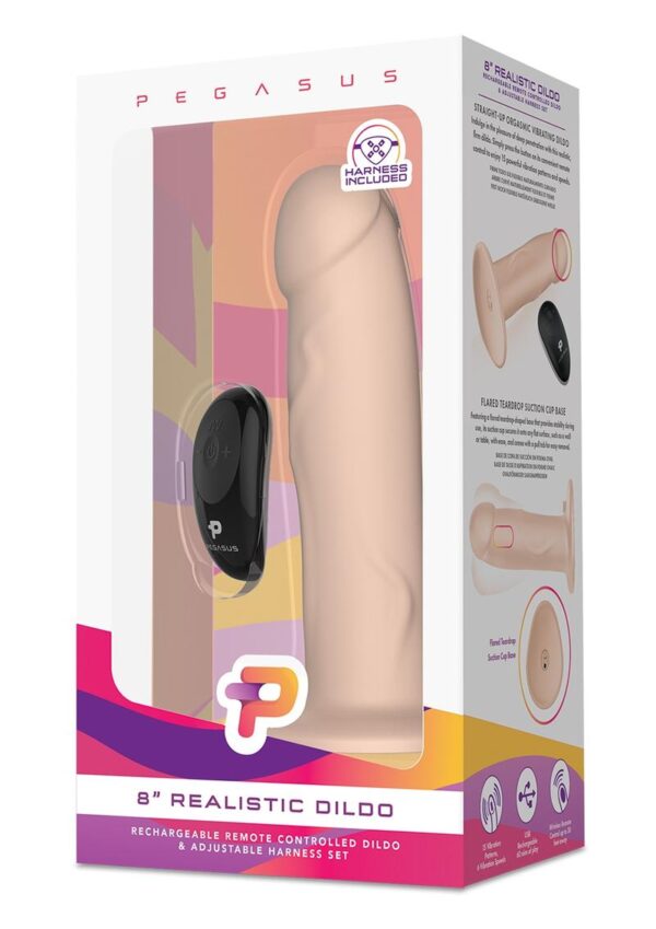 Pegasus Realistic Silicone Rechargeable Dildo and Adjustable Harness Set with Remote Control 8in - Vanilla