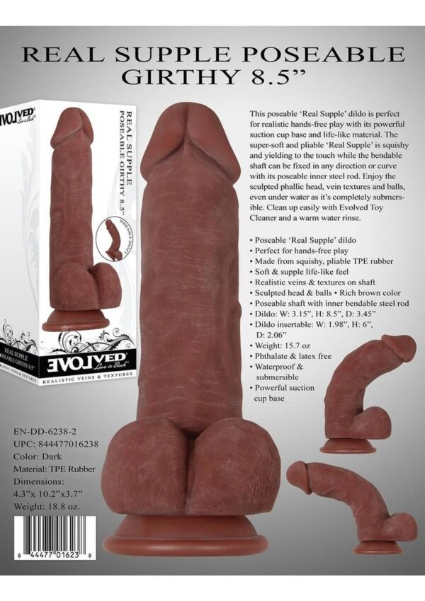 Real Supple Girthy Poseable Dildo with Balls 8.5in - Chocolate - Image 4