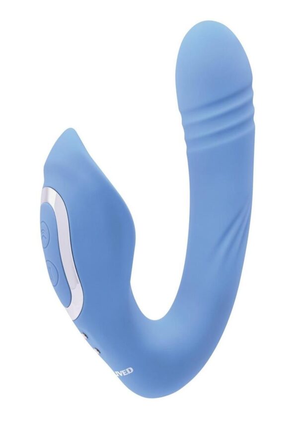 Tap and Thrust Rechargeable Silicone Vibrator with Clitoral Stimulation - Blue - Image 2