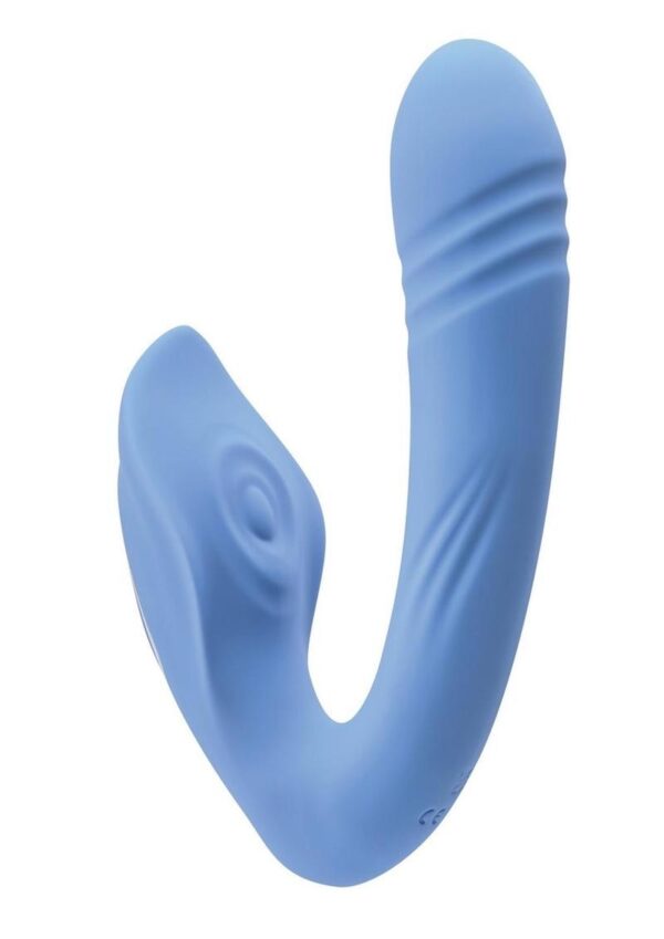Tap and Thrust Rechargeable Silicone Vibrator with Clitoral Stimulation - Blue - Image 3