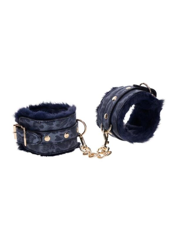 Sex and Mischief Cougar Fur Handcuffs - Navy/Gold - Image 2