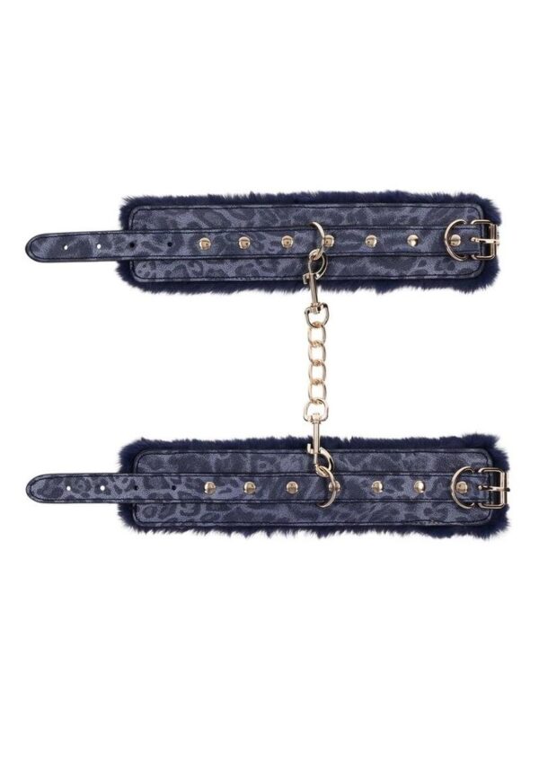 Sex and Mischief Cougar Fur Handcuffs - Navy/Gold - Image 3