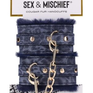 Sex and Mischief Cougar Fur Handcuffs - Navy/Gold