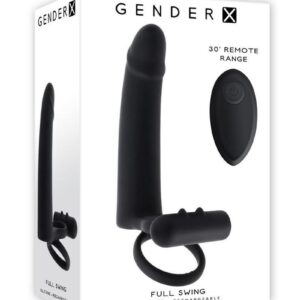 Gender X Full Swing Rechargeable Silicone Vibrating Dildo with Dual Cock Ring and Remote Control - Black