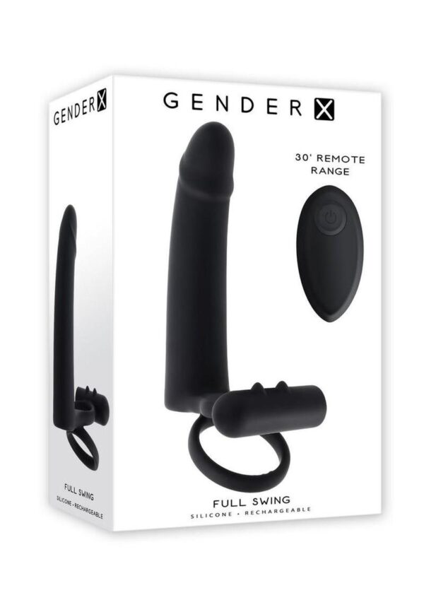 Gender X Full Swing Rechargeable Silicone Vibrating Dildo with Dual Cock Ring and Remote Control - Black