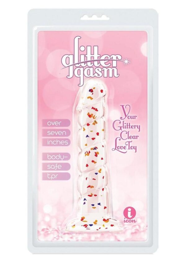 Glittergasm Swirl Clear Dildo with Suction Cup - Orange/Red/Golden Glitter