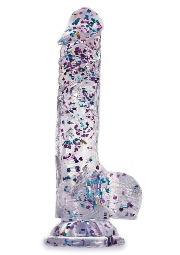 Glittergasm Realistic Clear Dildo with Balls and Suction Cup - Red/Orange/Golden Glitter - Image 2