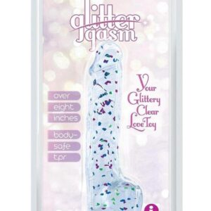 Glittergasm Realistic Clear Dildo with Balls and Suction Cup - Red/Orange/Golden Glitter