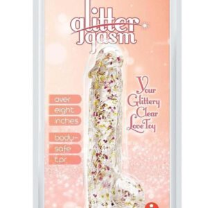 Glittergasm Realistic Clear Dildo with Balls and Suction Cup - Blue/Purple/Violet Glitter