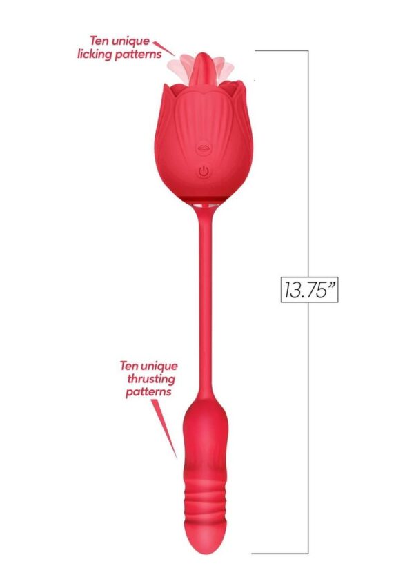Wild Rose Lick and Thrust Rechargeable Silicone Dual Vibrator with Clitoral Stimulator - Red - Image 2