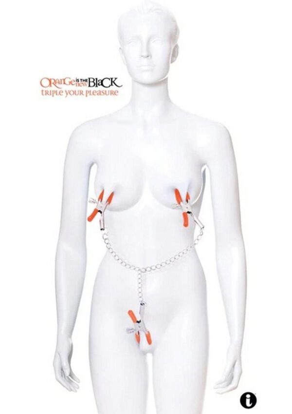 Orange Is The New Black Triple Your Pleasure Nipple and Clitoral Clamps with Chain - Orange - Image 2
