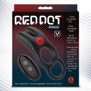 Red Dot Silicone Rechargeable Vibrating Cock Ring V1 with Remote Control - Black/Red