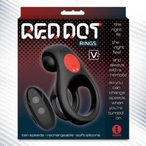 Red Dot Silicone Rechargeable Vibrating Cock Ring V2 with Remote Control - Black/Red
