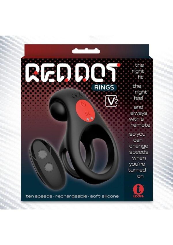 Red Dot Silicone Rechargeable Vibrating Cock Ring V2 with Remote Control - Black/Red
