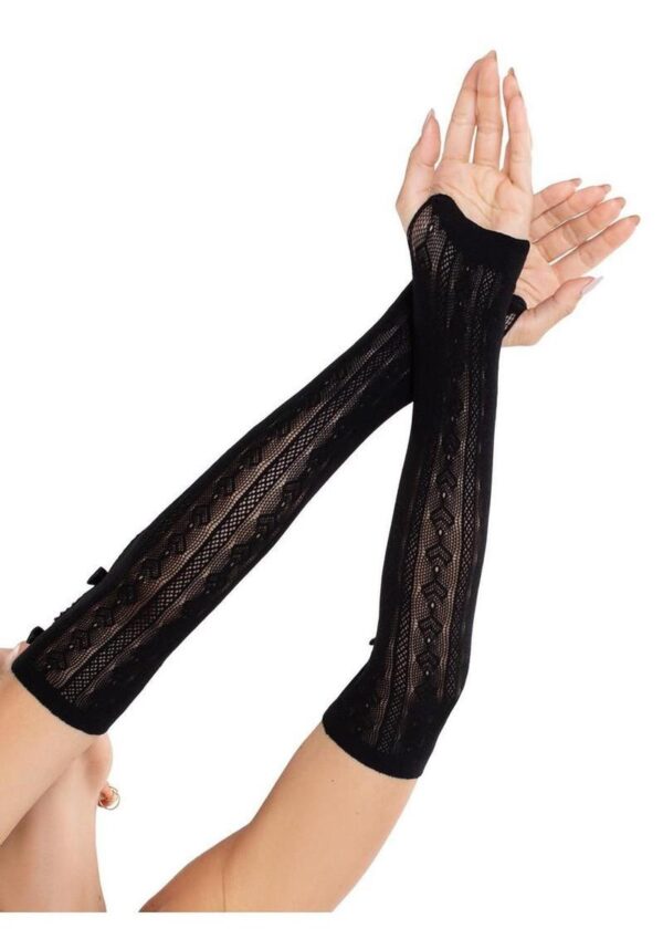 Leg Avenue Sweetheart Striped Keyhole Arm Warmers with Mini Bow Accents - Black - O/S - Image 2