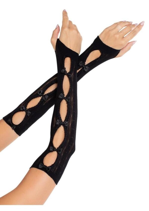 Leg Avenue Sweetheart Striped Keyhole Arm Warmers with Mini Bow Accents - Black - O/S