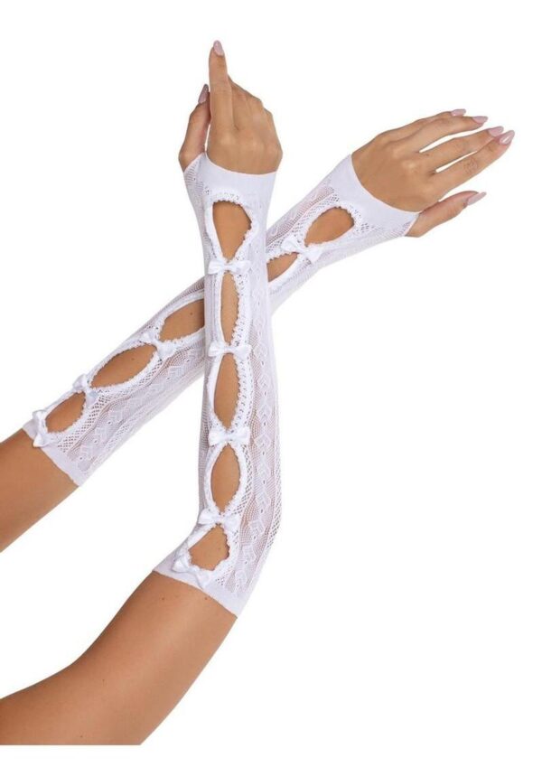 Leg Avenue Sweetheart Striped Keyhole Arm Warmers with Mini Bow Accents - O/S - White