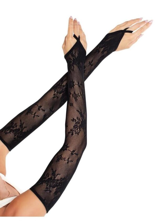 Leg Avenue Floral Net Extra Long Gauntlet Arm Warmers O/S - Black