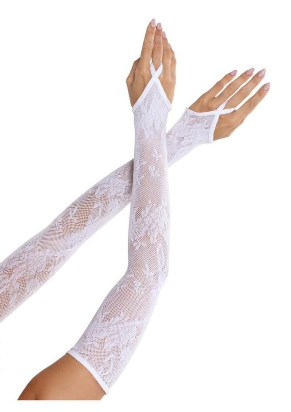 Leg Avenue Floral Net Extra Long Gauntlet Arm Warmers - White - O/S - Image 2