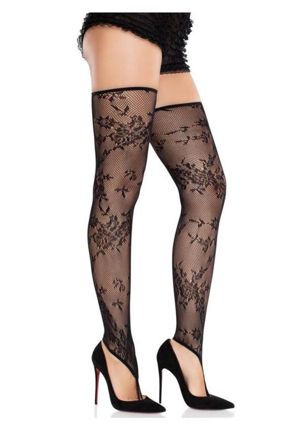 Leg Avenue Floral Net Toe Loop Footless Thigh Highs - Black - O/S - Image 2