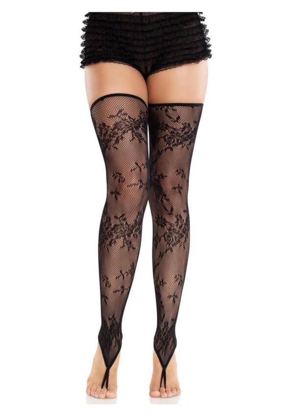 Leg Avenue Floral Net Toe Loop Footless Thigh Highs - Black - O/S - Image 4