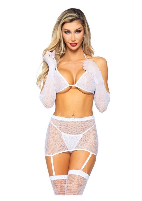 Leg Avenue Rhinestone Fishnet Garter Skirt Set with Bikini Top, G-String, Gloves, and Matching Stockings (5 Piece) - OS - White