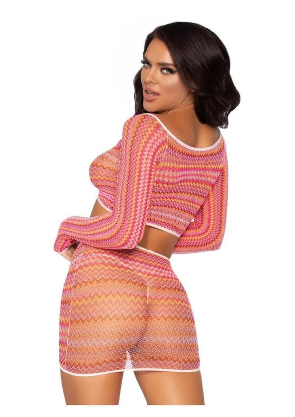 Leg Avenue Zig Zag Net Gauntlet Sleeve Crop Top and Mini Skirt (2 Piece) - OS - Pink - Image 2