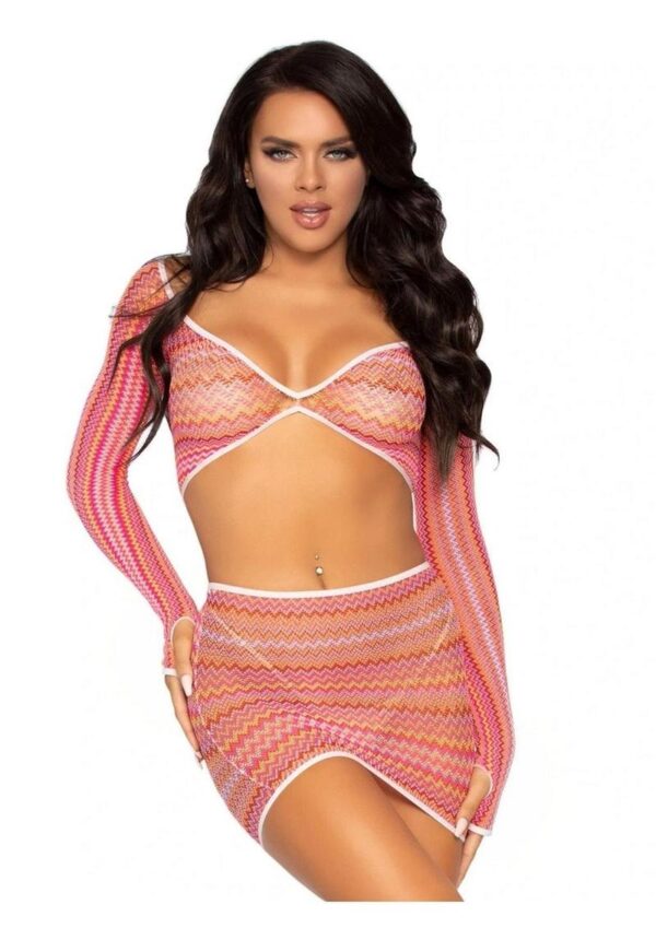 Leg Avenue Zig Zag Net Gauntlet Sleeve Crop Top and Mini Skirt (2 Piece) - OS - Pink