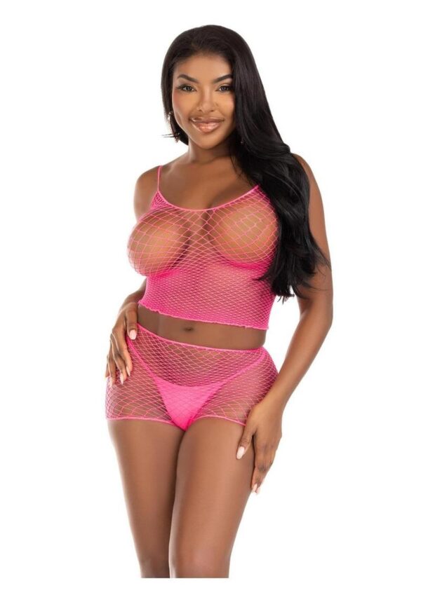 Leg Avenue Twist Net Tank Top and Boy Shorts (2 Piece) - OS - Neon Pink