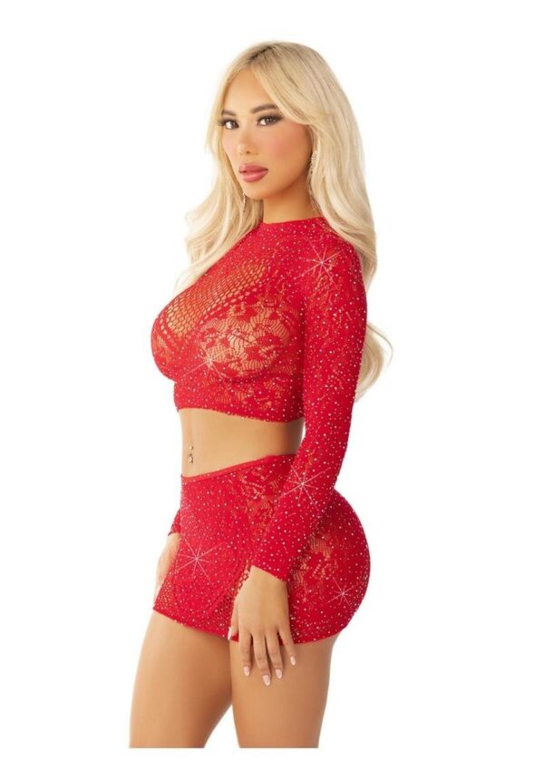Leg Avenue Rhinestone Lace and Net Crop Top with Heart Keyhole Detail and Mini Skirt (2 Piece) - OS - Red - Image 2