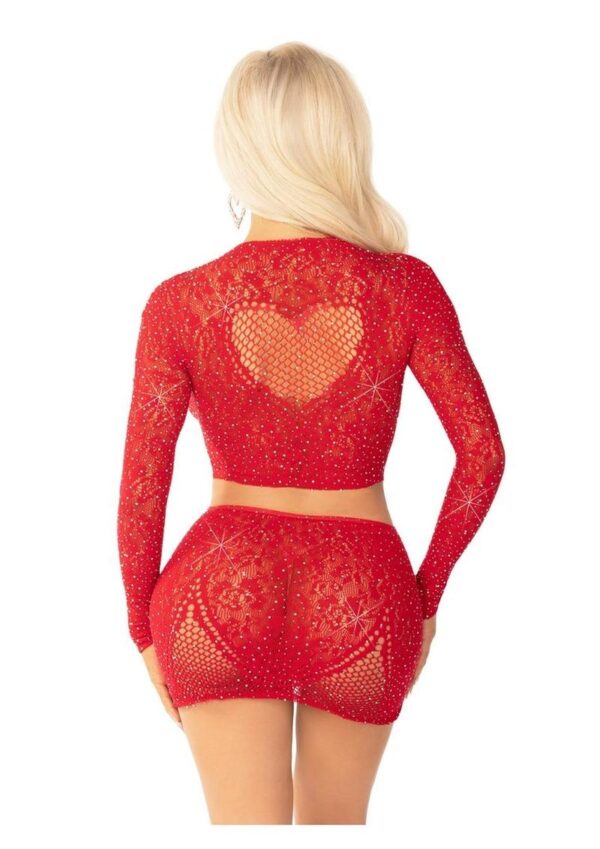 Leg Avenue Rhinestone Lace and Net Crop Top with Heart Keyhole Detail and Mini Skirt (2 Piece) - OS - Red - Image 3