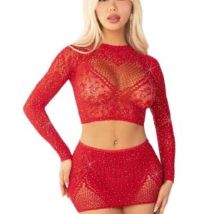 Leg Avenue Rhinestone Lace and Net Crop Top with Heart Keyhole Detail and Mini Skirt (2 Piece) - OS - Red